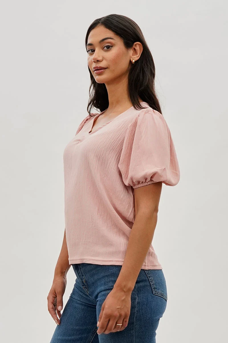 Vintage Puff Sleeve V-Neck Blouse - Pink - Image 2