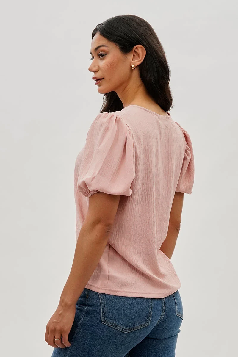 Vintage Puff Sleeve V-Neck Blouse - Pink - Image 3
