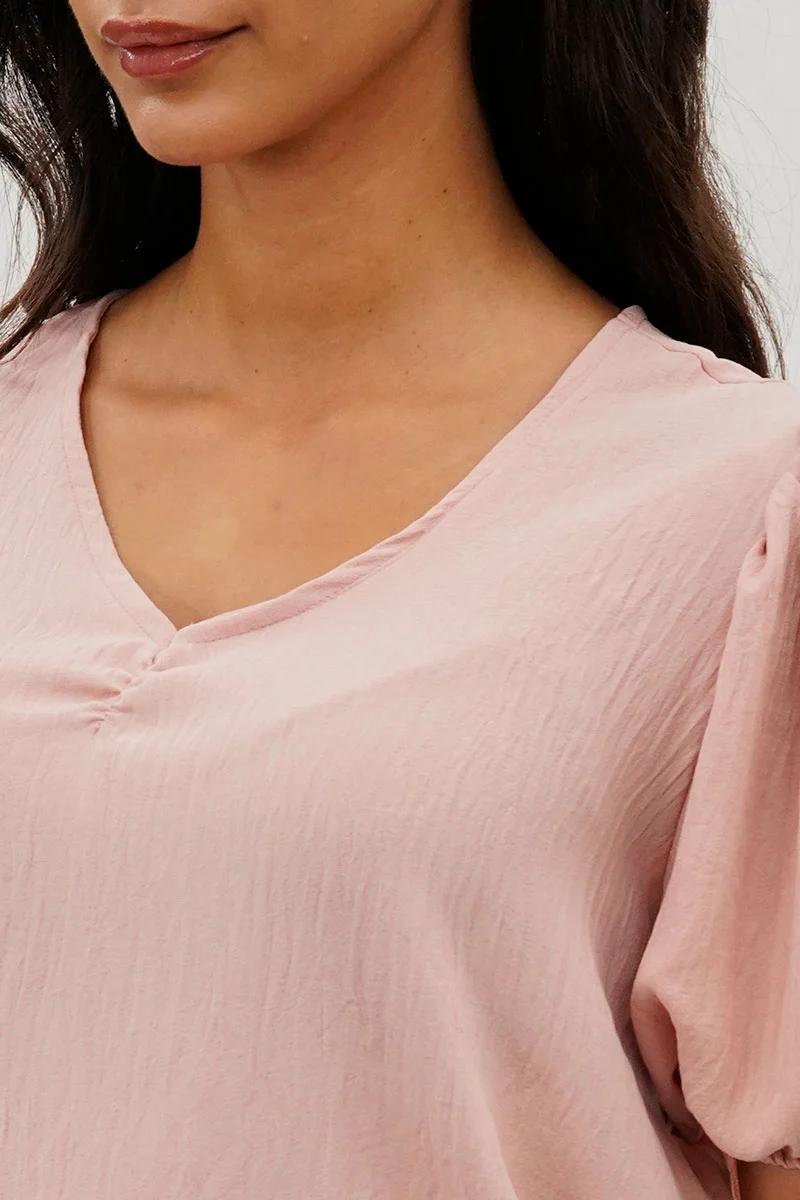 Vintage Puff Sleeve V-Neck Blouse - Pink - Image 4