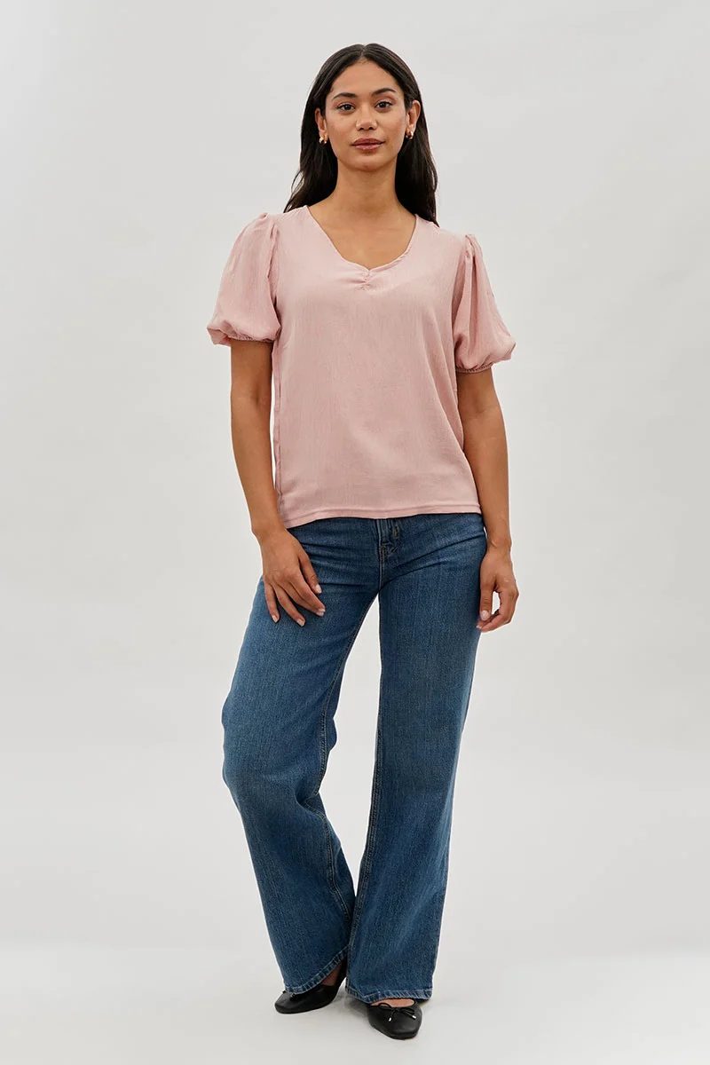 Vintage Puff Sleeve V-Neck Blouse - Pink - Image 5