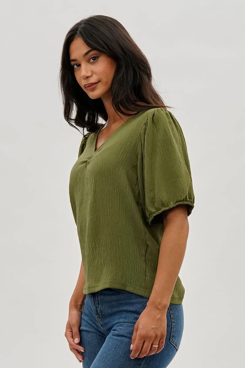 Vintage Puff Sleeve V-Neck Blouse - Olive - Image 2