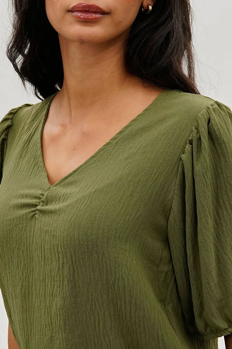 Vintage Puff Sleeve V-Neck Blouse - Olive - Image 4