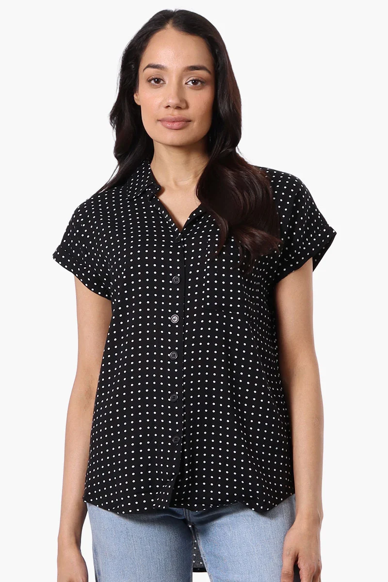 Dotted Pattern Camp Collar Button Up Shirt - Black