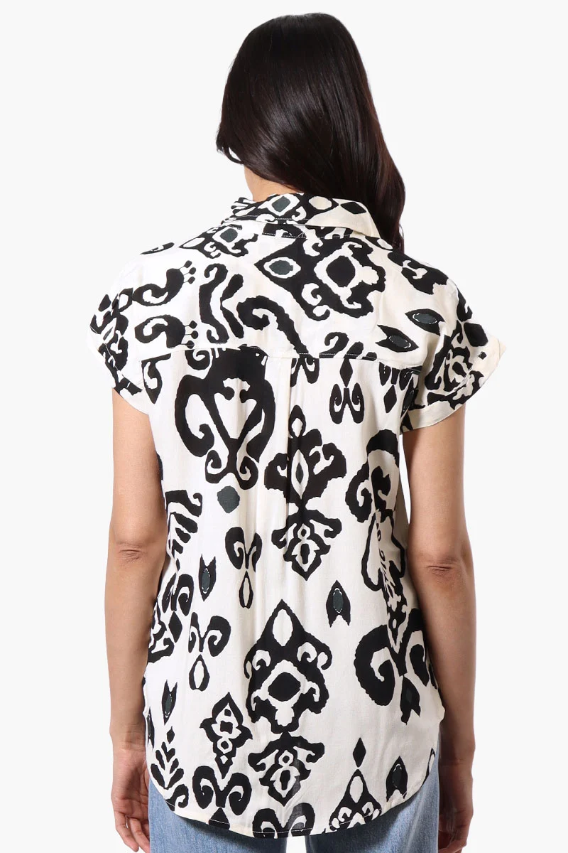 Patterned Camp Collar Button Up Shirt - Cream - Image 3
