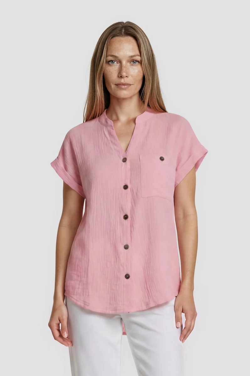 Short Sleeve Button Up Shirt - Pink