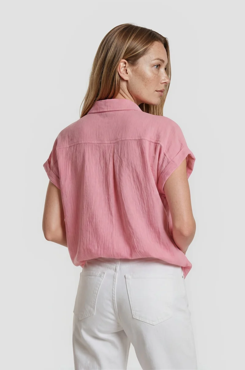 Short Sleeve Button Up Shirt - Pink - Image 2