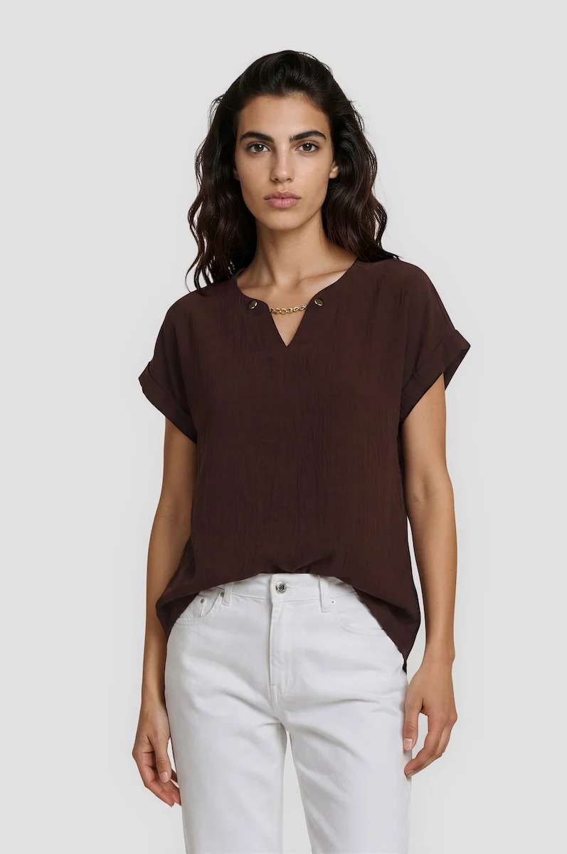Short Sleeve Chain Neck Top - Brown