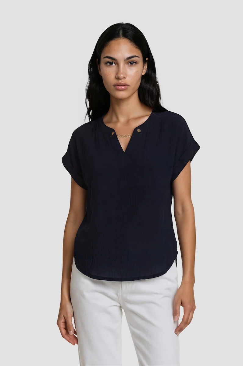 Short Sleeve Chain Neck Top - Navy