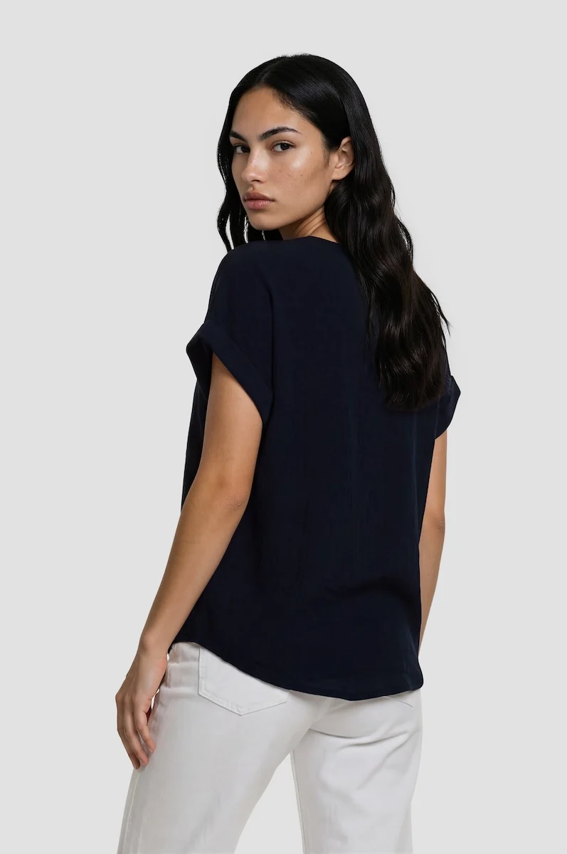 Short Sleeve Chain Neck Top - Navy - Image 2