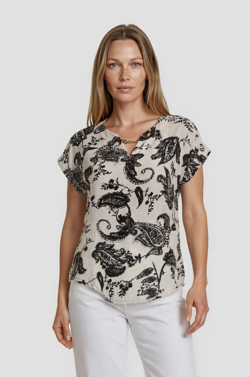 Short Sleeve Chain Neck Top - Cream