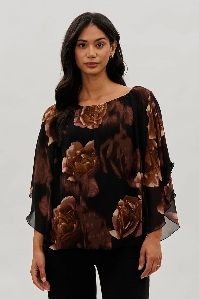 Floral Chiffon Cape Blouse - Brown