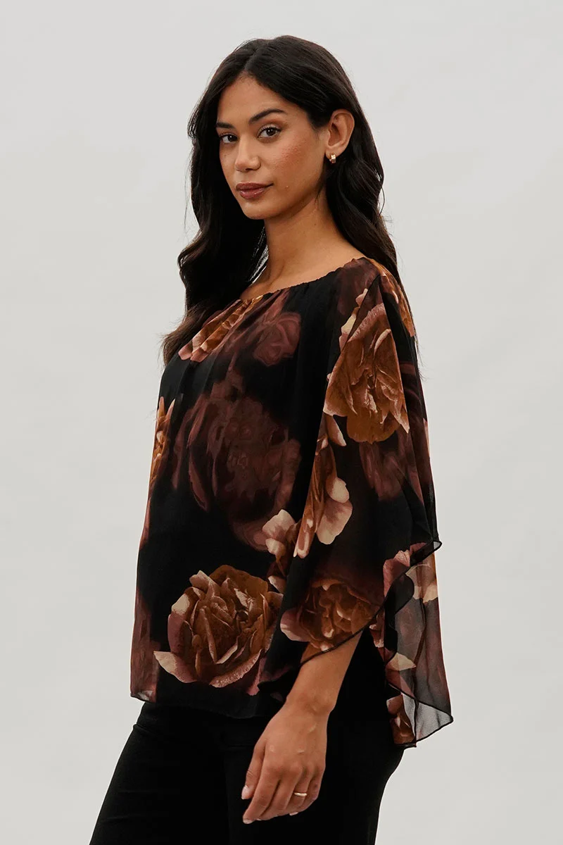 Floral Chiffon Cape Blouse - Brown - Image 2