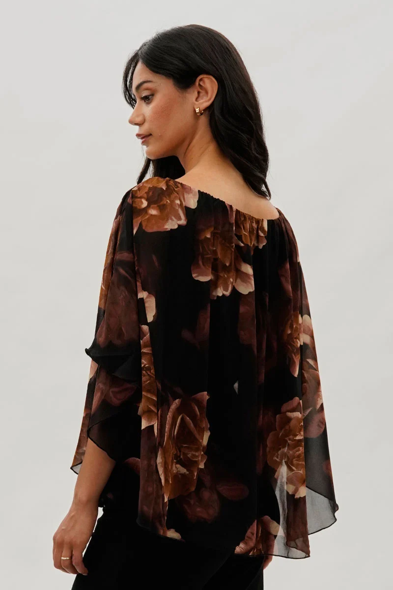 Floral Chiffon Cape Blouse - Brown - Image 3