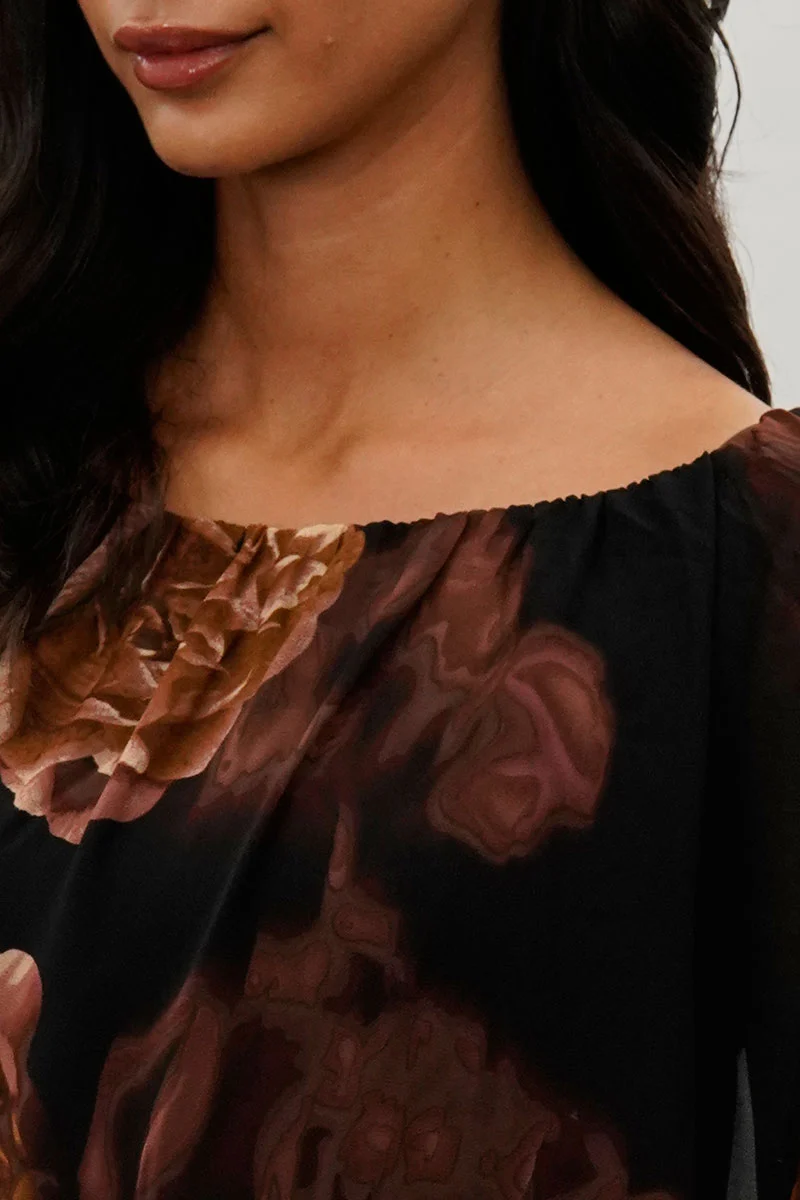 Floral Chiffon Cape Blouse - Brown - Image 4