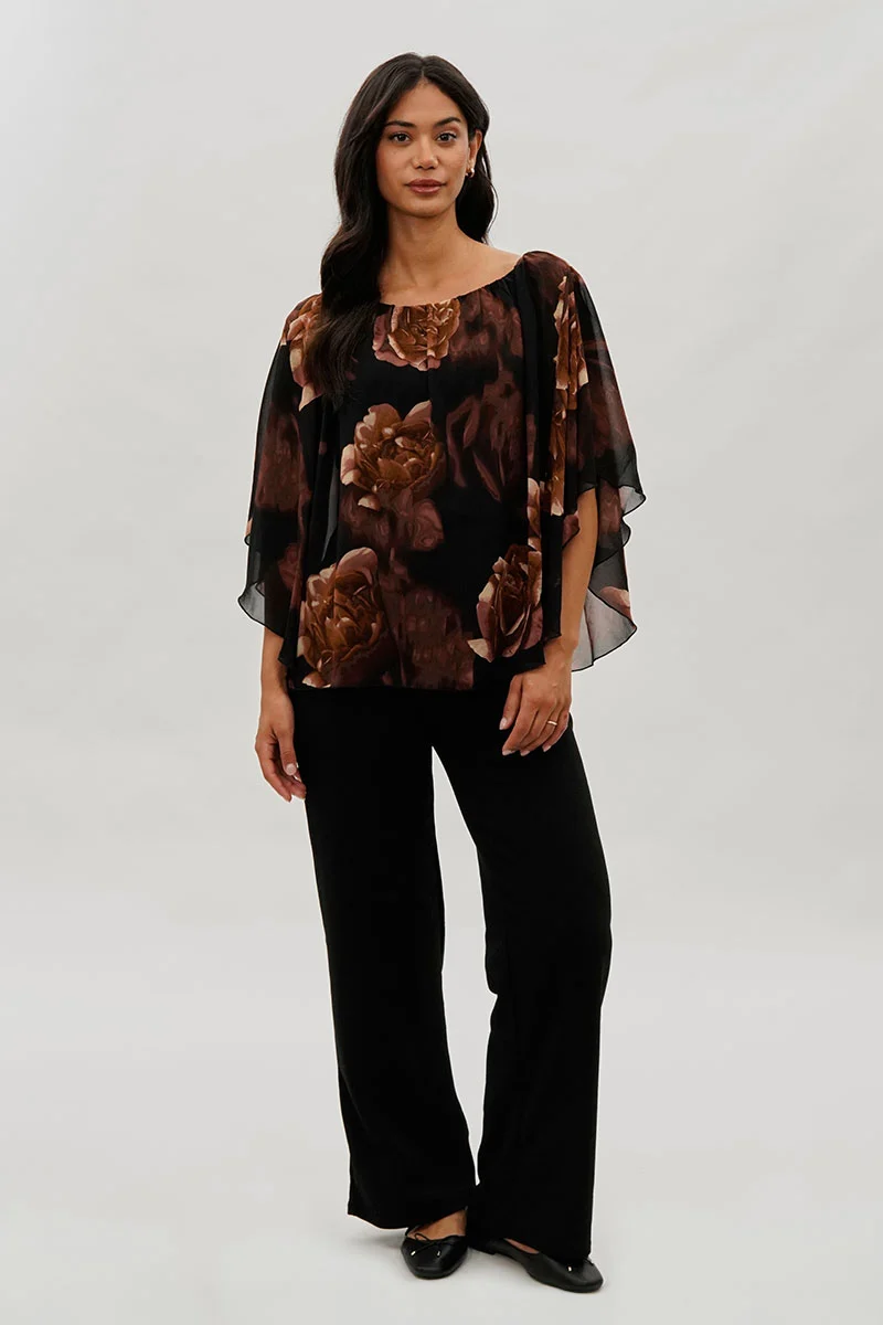 Floral Chiffon Cape Blouse - Brown - Image 5