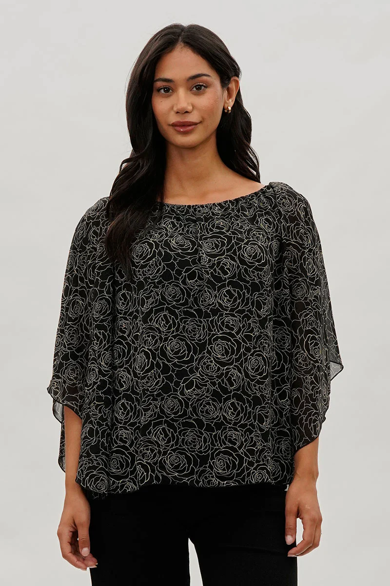 Floral Chiffon Cape Blouse - Black