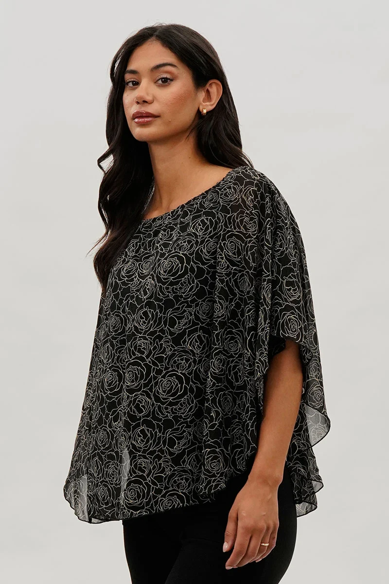 Floral Chiffon Cape Blouse - Black - Image 2