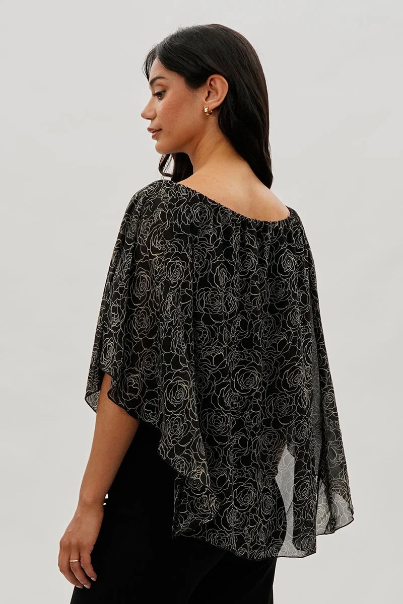 Floral Chiffon Cape Blouse - Black - Image 3