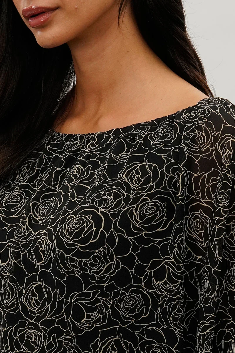 Floral Chiffon Cape Blouse - Black - Image 4
