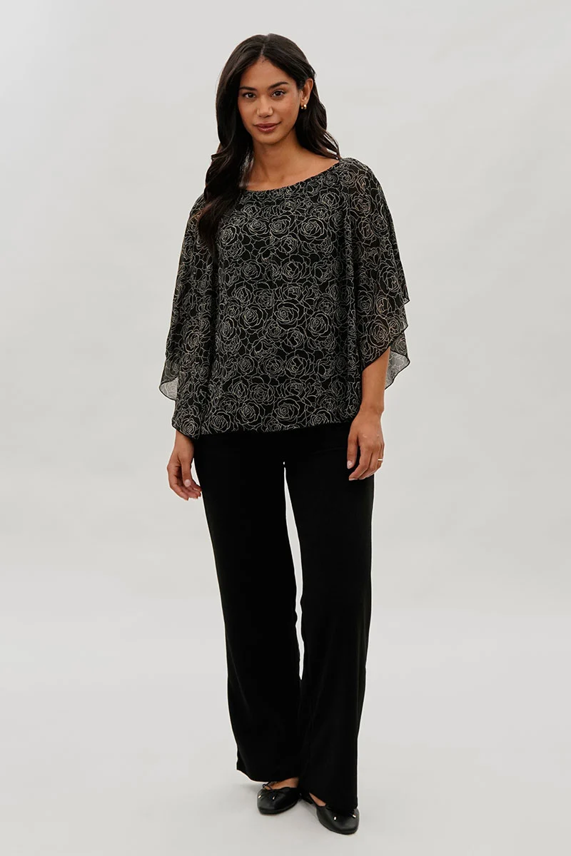 Floral Chiffon Cape Blouse - Black - Image 5
