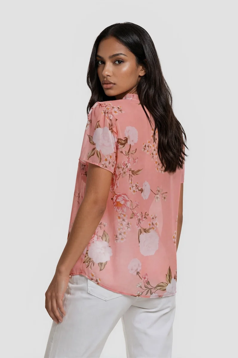 Short Sleeve Ruffle Neck Top - Pink - Image 2
