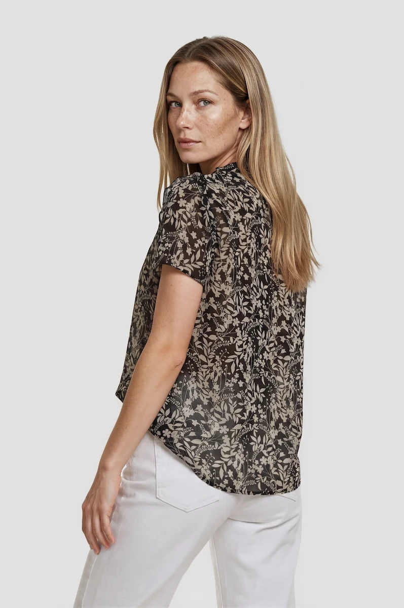 Short Sleeve Ruffle Neck Top - Black - Image 2