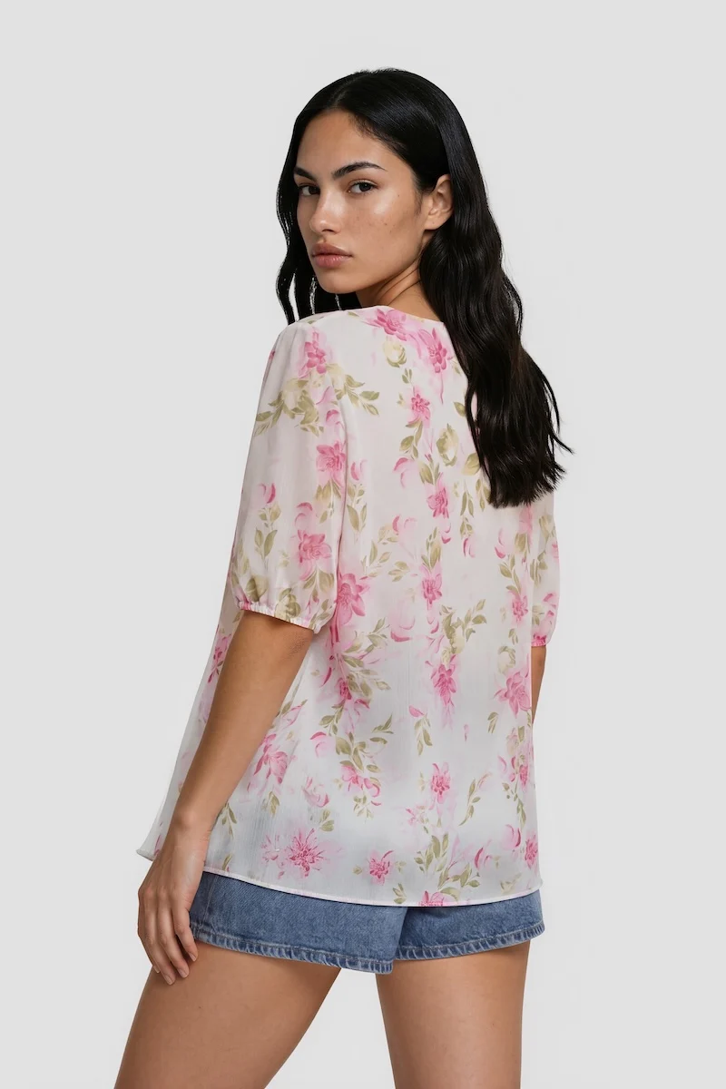 Flower Print Short Sleeve Top With Buttons - White - Image 2