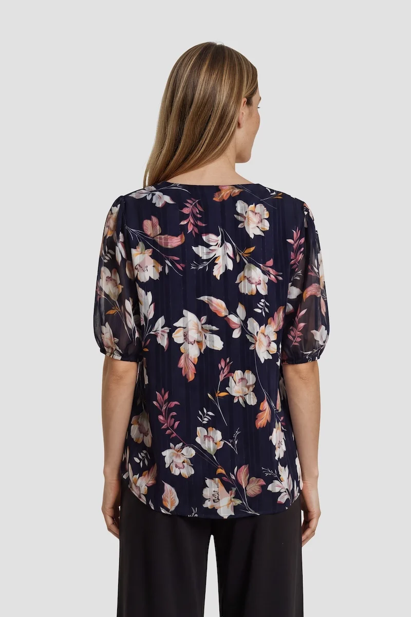 Flower Print Short Sleeve Top With Buttons - Navy - Image 2