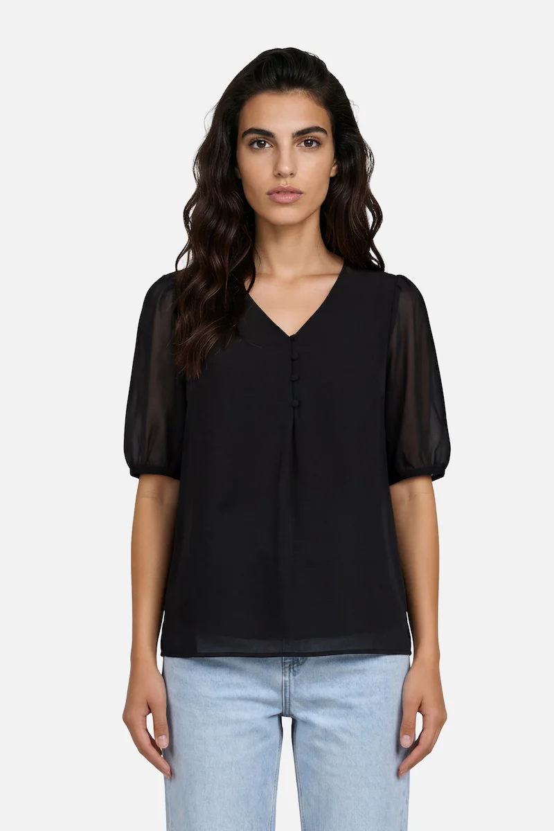 Short Sleeve Top With Buttons - Black
