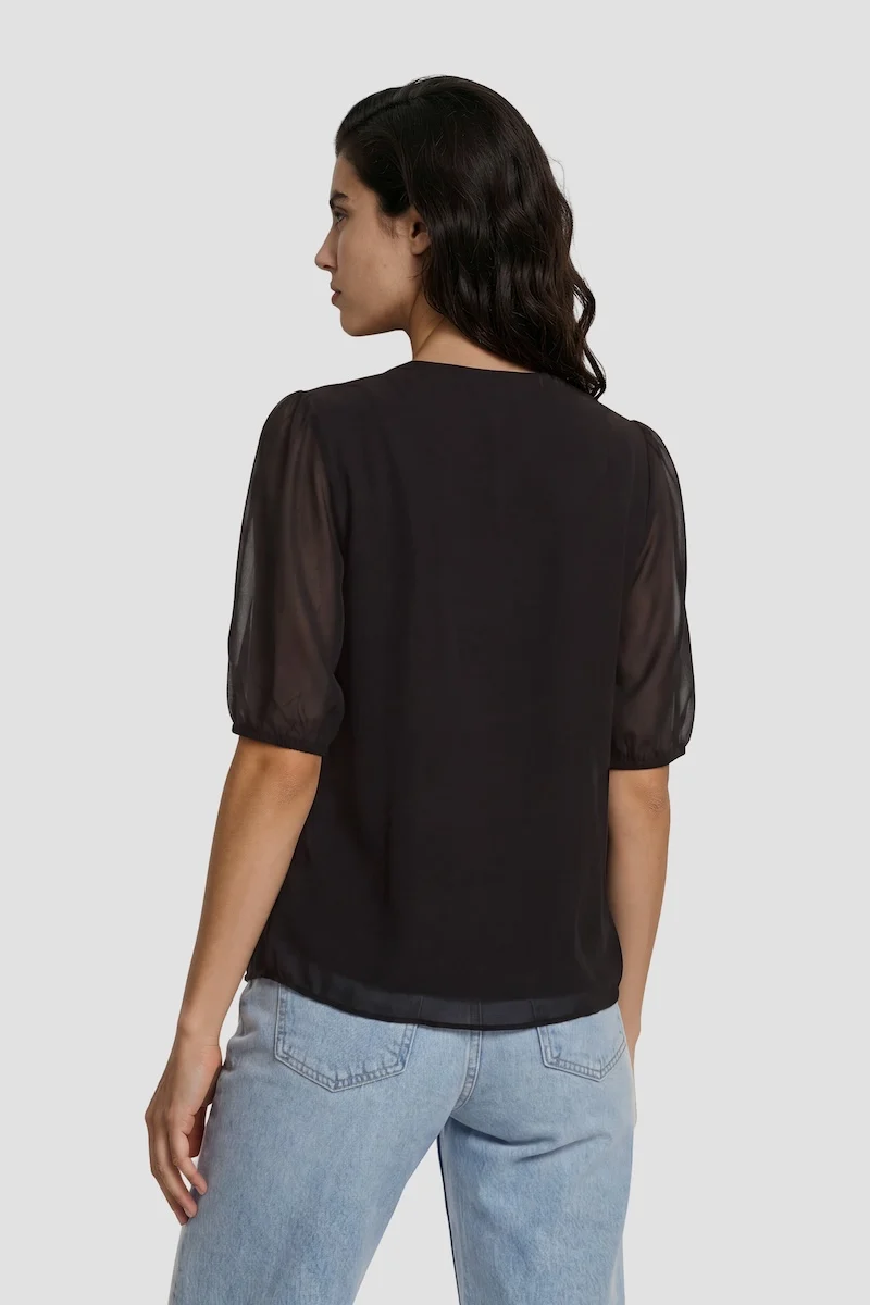 Short Sleeve Top With Buttons - Black - Image 2
