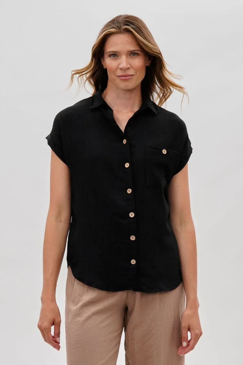 intage Short Sleeve Button Down Shirt - Black