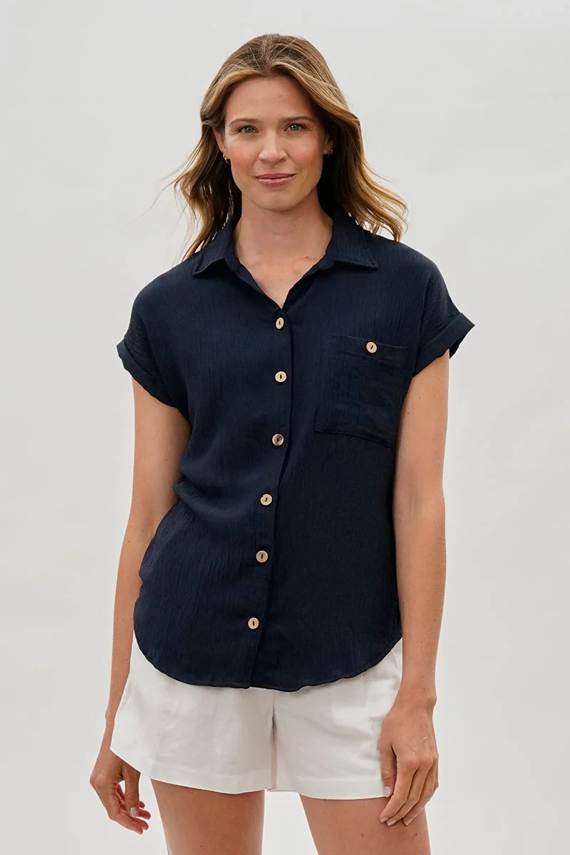 intage Short Sleeve Button Down Shirt - Navy
