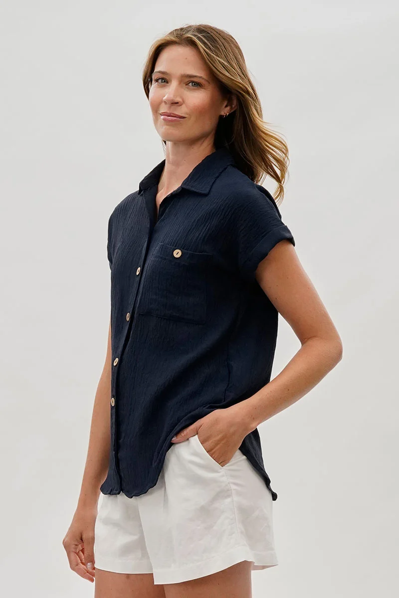 intage Short Sleeve Button Down Shirt - Navy - Image 2
