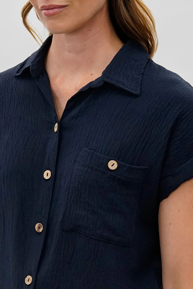 intage Short Sleeve Button Down Shirt - Navy - Image 4
