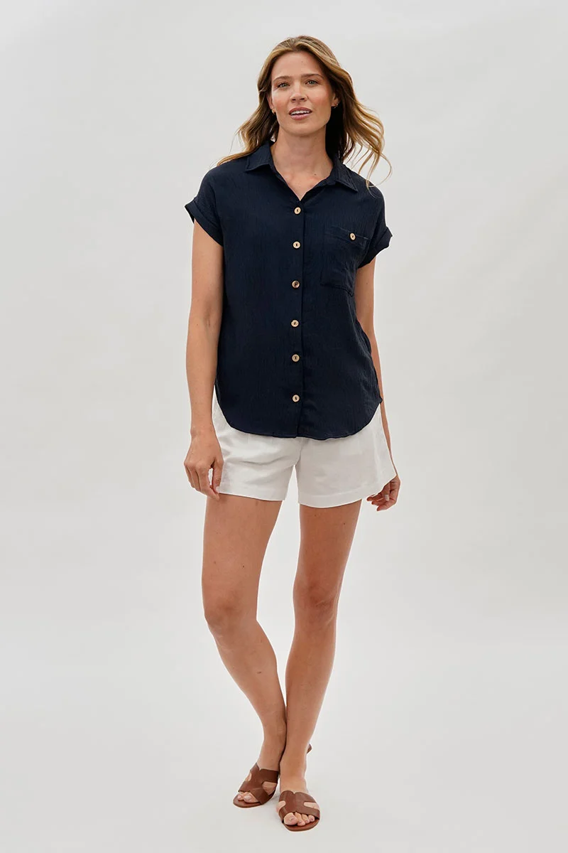 intage Short Sleeve Button Down Shirt - Navy - Image 5