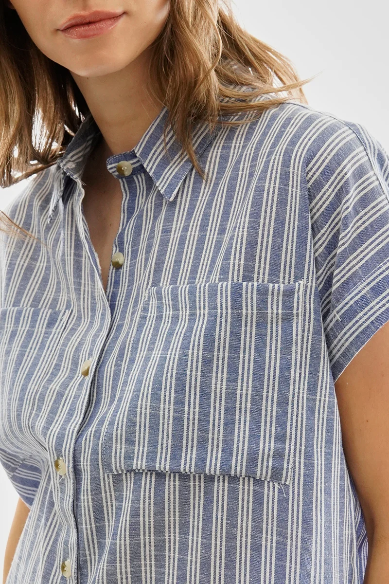Striped Button Up Short Sleeve Shirt - Blue - Image 4