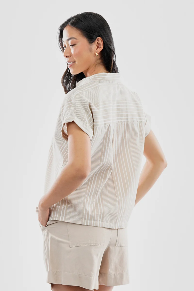Striped Button Up Short Sleeve Shirt - Beige - Image 3
