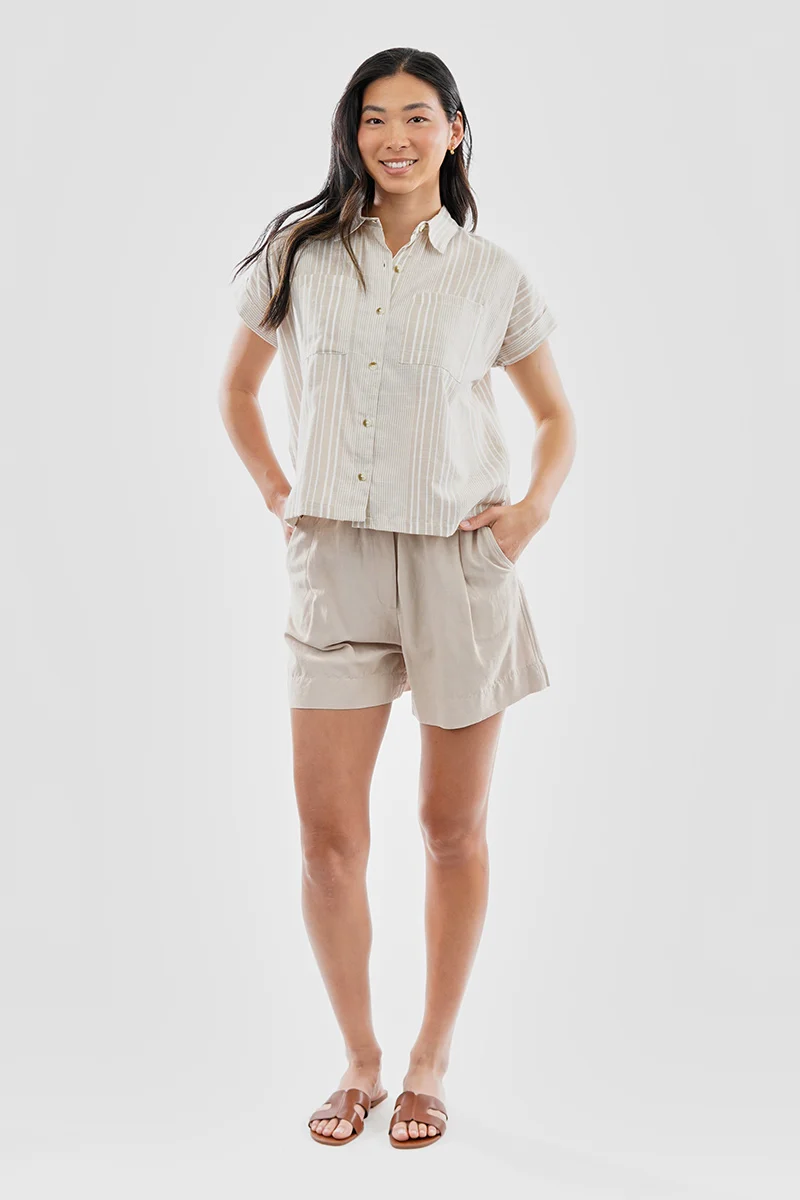 Striped Button Up Short Sleeve Shirt - Beige - Image 5
