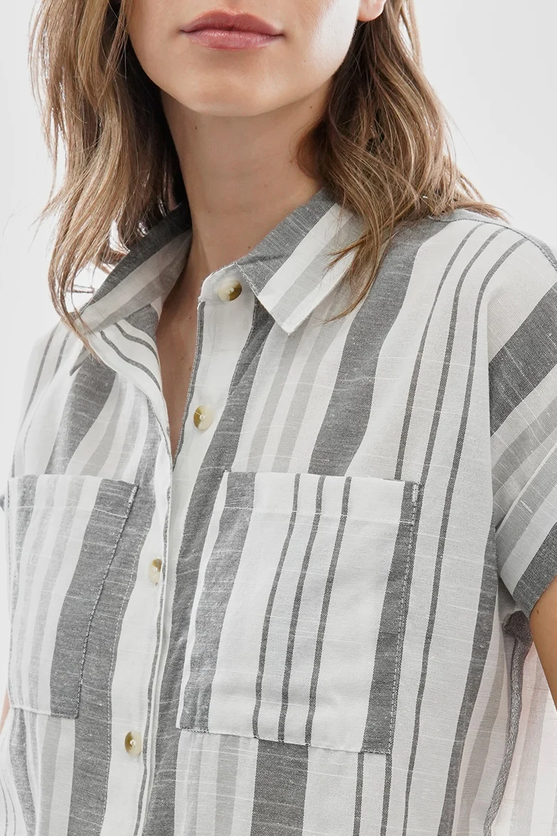 Striped Button Up Short Sleeve Shirt - Grey - Image 4