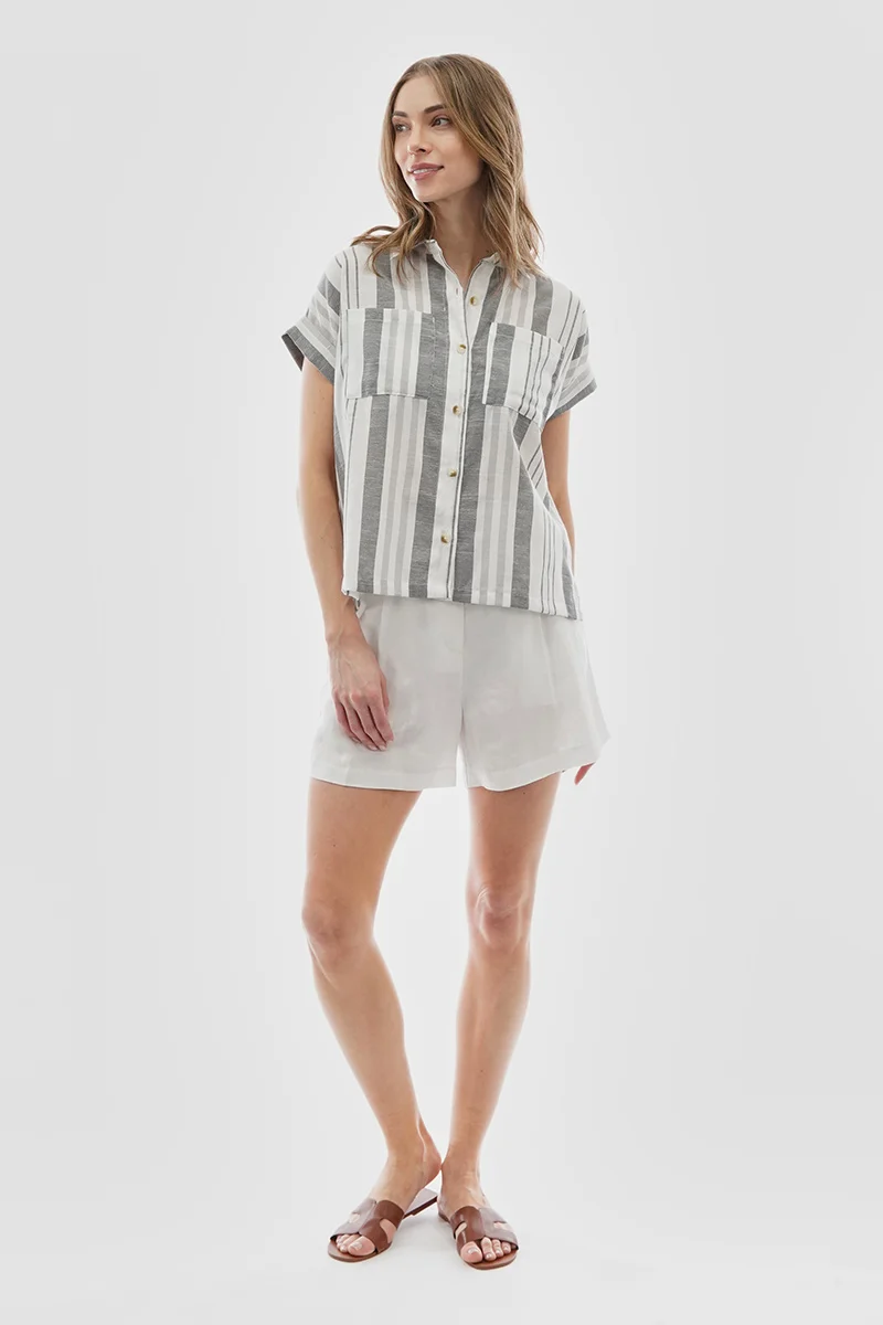 Striped Button Up Short Sleeve Shirt - Grey - Image 5