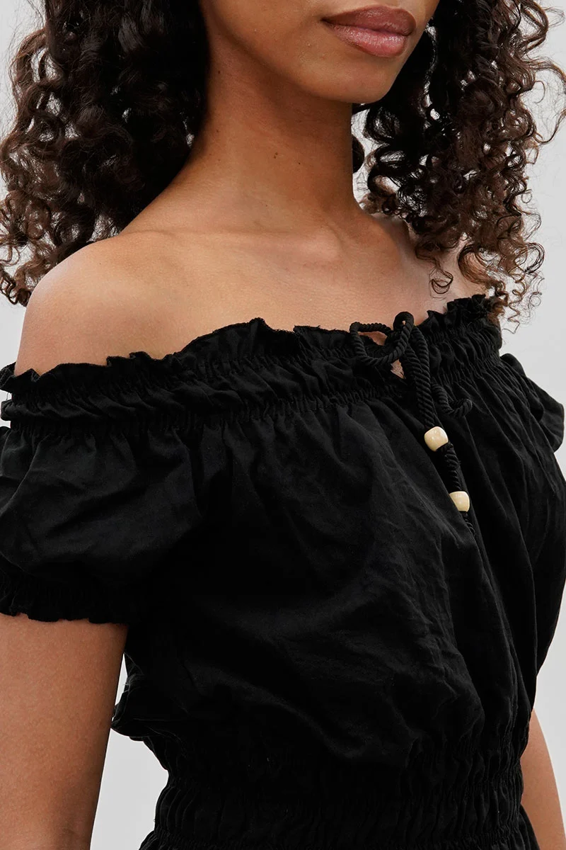 Cinched Short Sleeve Blouse - Black - Image 4