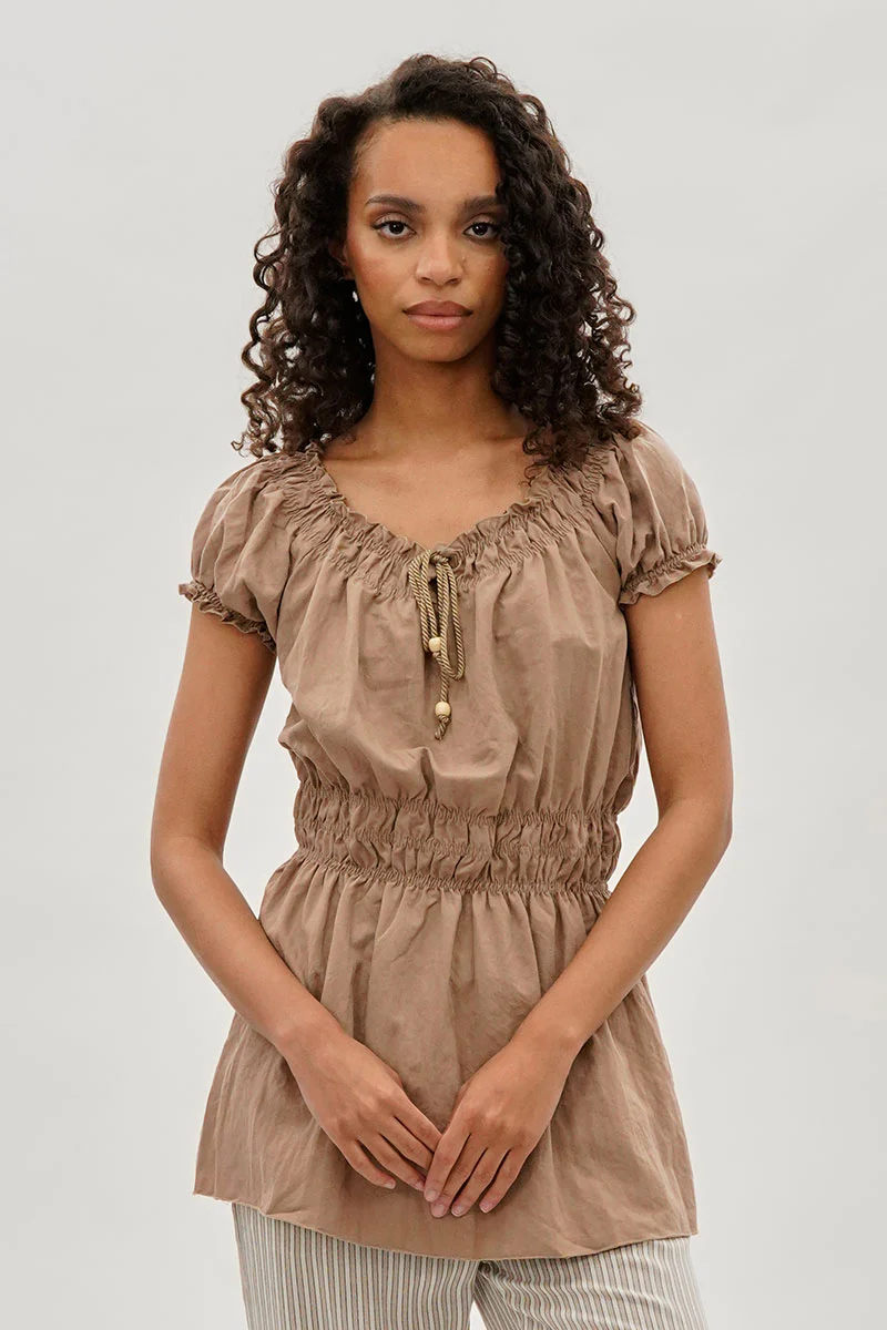 Cinched Short Sleeve Blouse - Taupe