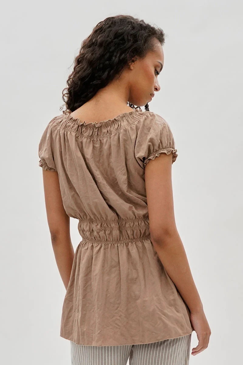 Cinched Short Sleeve Blouse - Taupe - Image 3