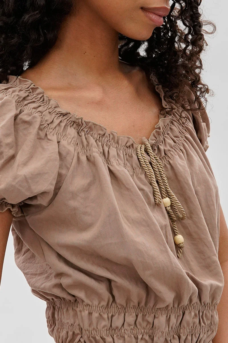 Cinched Short Sleeve Blouse - Taupe - Image 4