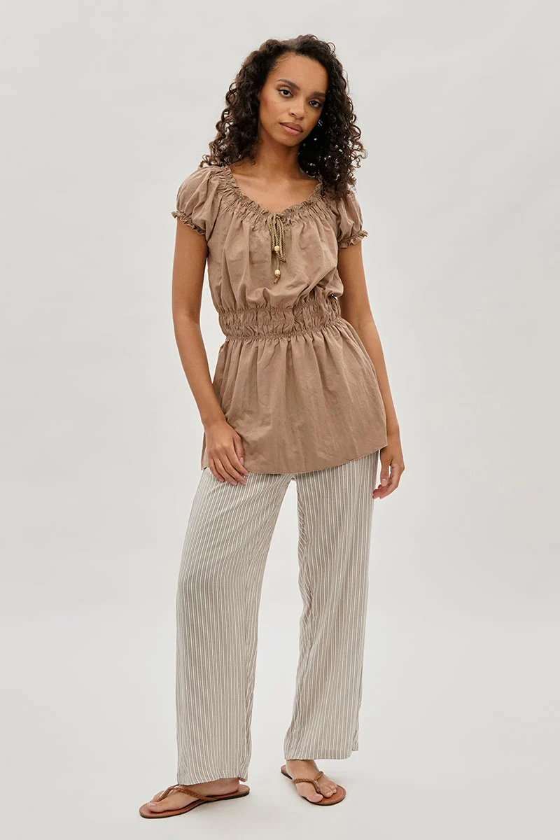 Cinched Short Sleeve Blouse - Taupe - Image 5