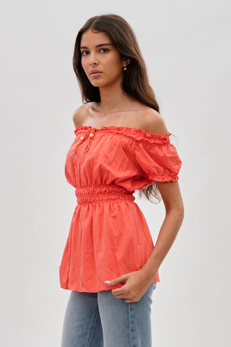 Cinched Short Sleeve Blouse - Coral - Image 2