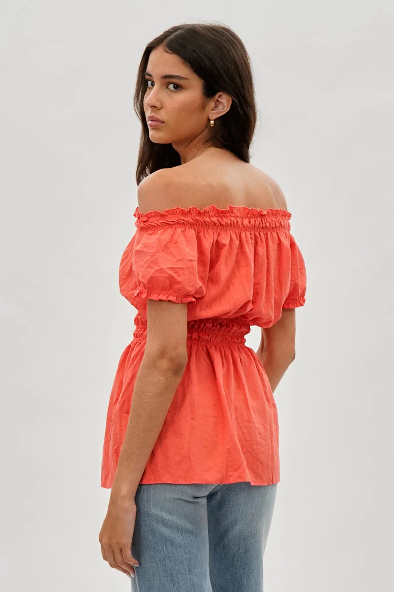 Cinched Short Sleeve Blouse - Coral - Image 3