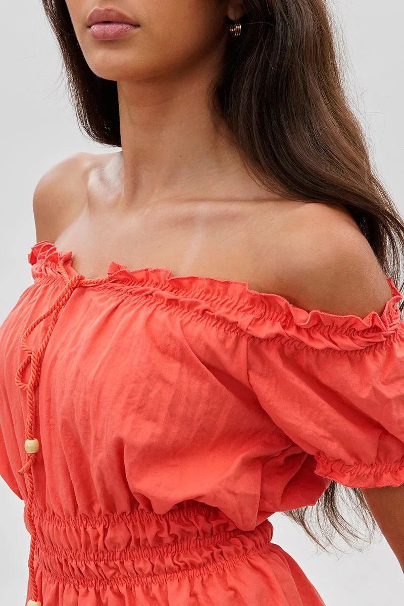 Cinched Short Sleeve Blouse - Coral - Image 4