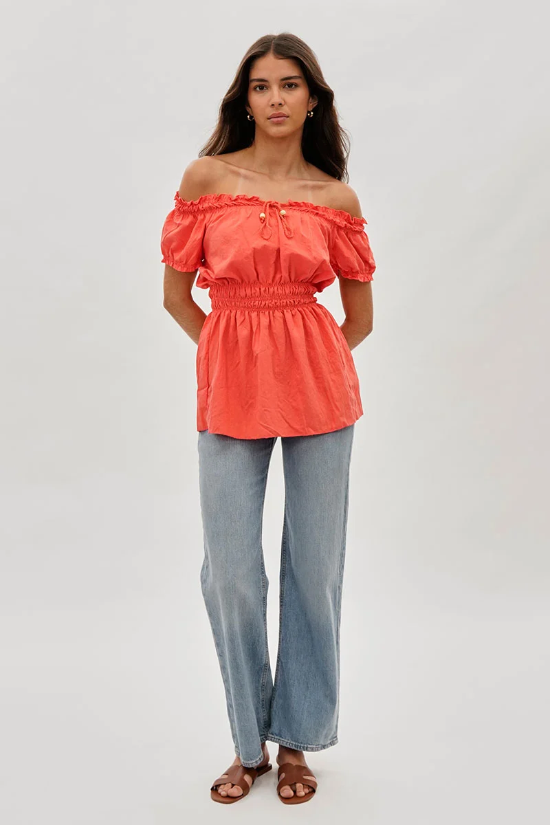 Cinched Short Sleeve Blouse - Coral - Image 5