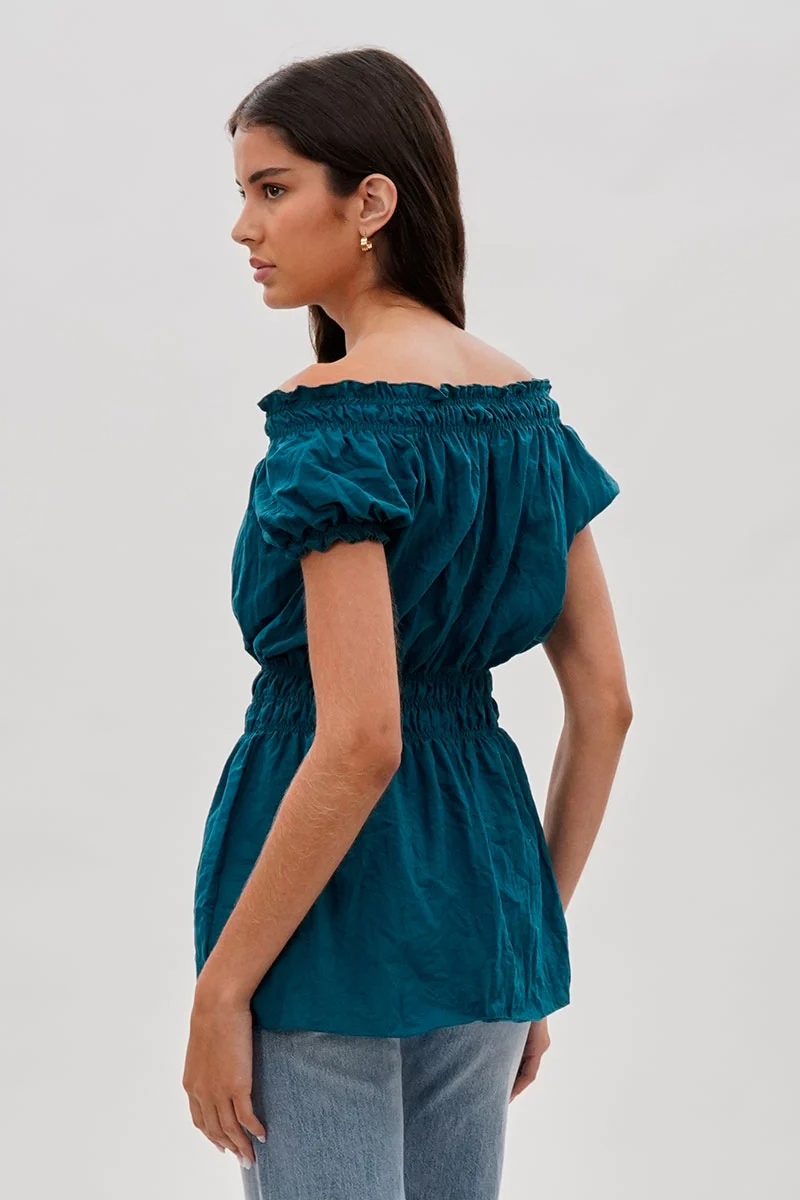 Cinched Short Sleeve Blouse - Teal - Image 3